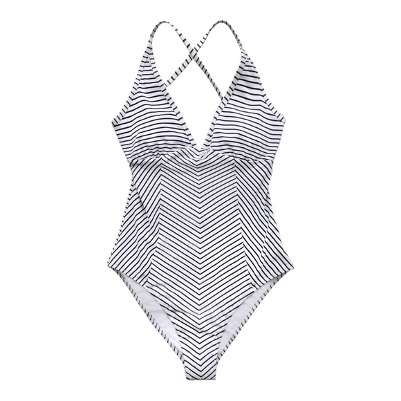 CUPSHE Black and White Stripe V-Neck One-Piece Swimsuit L NWT - Picture 3 of 4